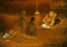 Haga click para ver la imagen ampliada 1981_28_reading_ family scene by lamplight 1981.jpg